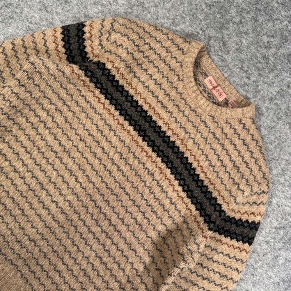 Henry Grethel Mens Large Shetland Wool Sweater Tan Fair Isle Crewneck Vintage